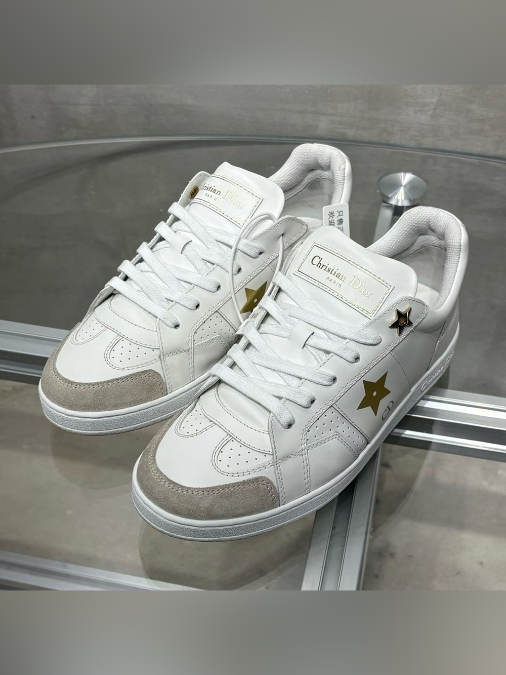Dior White Sneakers with Beige Suede & Gold Star